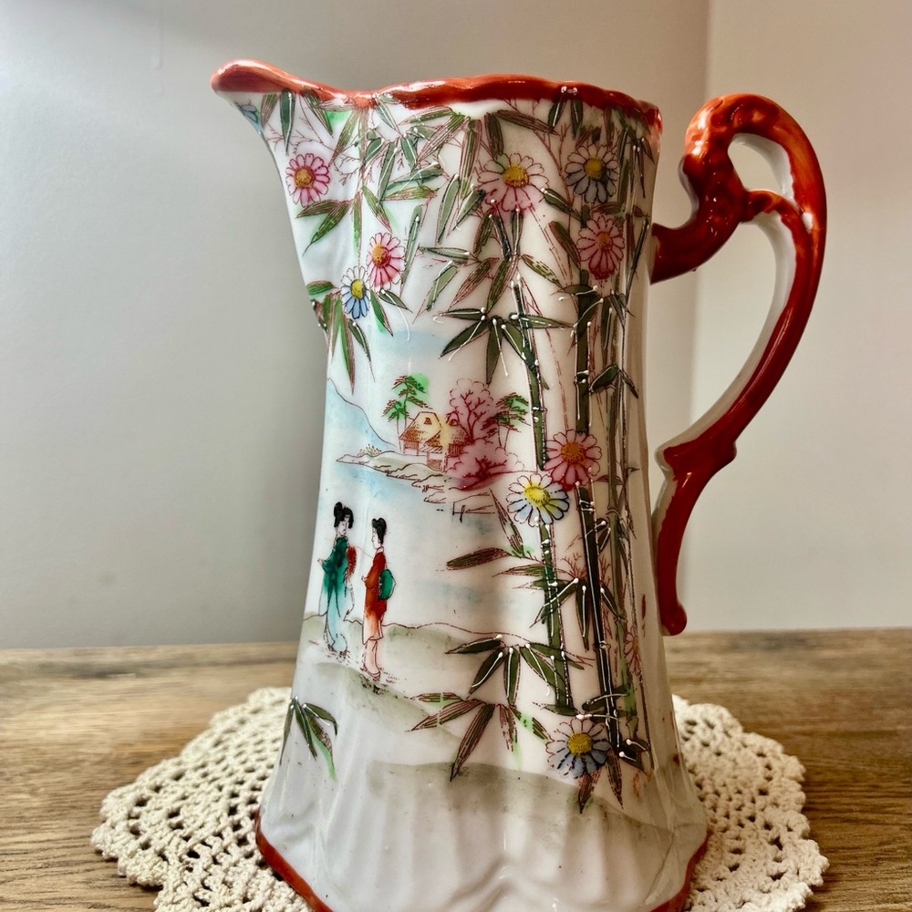 Vintage Floral Ceramic Pitcher with Red Handle - Picture 8 of 8